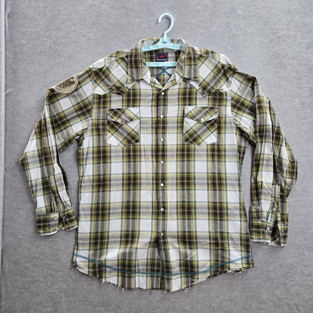 Roper Men Button Up Shirt 2XL Green Plaid Eagle Patch Western Pearl Snap